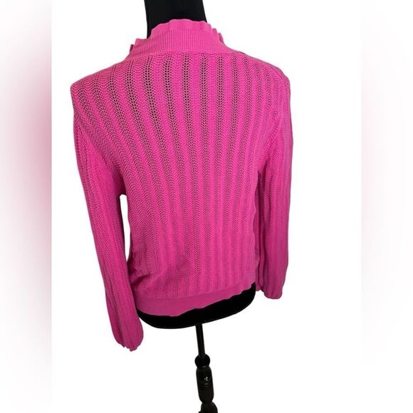 J.CREW BUBBLEGUM BARBIE PINK RUFFLE MOCK-NECK OPEN KNIT SWEATER SIZE LARGE - Picture 10 of 11